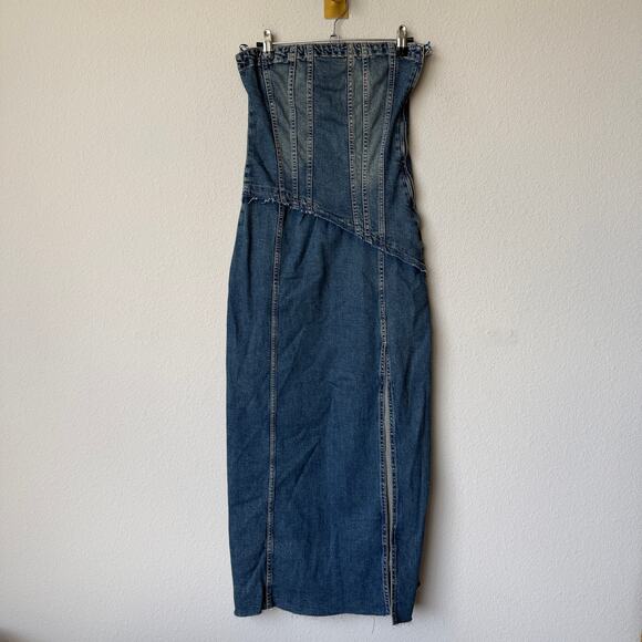 Zara Strapless Asymmetric Denim Midi Dress Size S - Picture 2 of 4